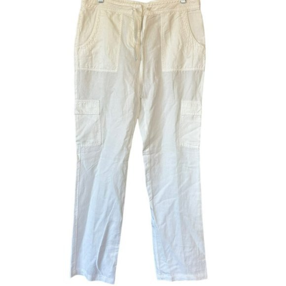 Eileen Fisher White Linen Blend Drawstring Cargo Straight Leg‎ Pants Womens 4